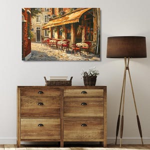 European Cafe Street Wall Art Print, Canvas, Framed Canvas, Rustic Vintage Parisian Bistro, Old Town Cobblestone Alley, Kitchen Dining Decor