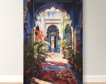 Moroccan Courtyard Wall Art, Riad Arch Painting Print, Islamic Architecture Canvas, Mediterranean Home Decor, Travel Art Print
