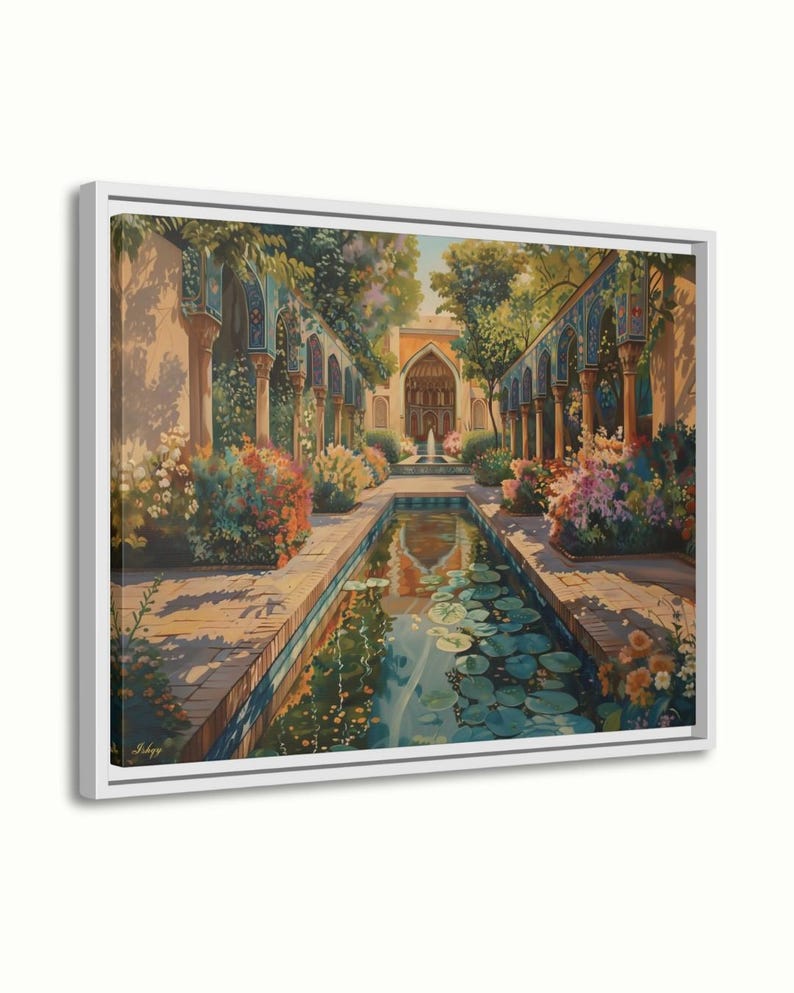 Persian Garden Canvas Wall Art, Islamic Architecture Framed Canvas Print, Blue Tile Courtyard Fountain Landscape Painting, Living Room Decor
Persian Garden Wall Art Canvas Print of Shiraz Courtyard, Islamic Architecture Art Print, Colorful Floral Home Decor Landscape