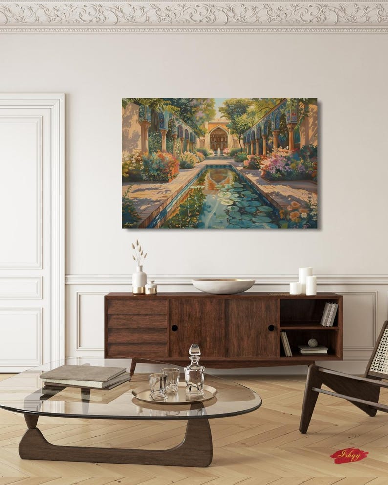 Persian Garden Canvas Wall Art, Islamic Architecture Framed Canvas Print, Blue Tile Courtyard Fountain Landscape Painting, Living Room Decor
Persian Garden Wall Art Canvas Print of Shiraz Courtyard, Islamic Architecture Art Print, Colorful Floral Home Decor Landscape