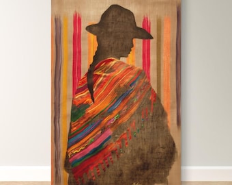 Bolivianische Cholita Wandkunst, Anden Frau Leinwand Druck, Bowler Hut Porträt, Buntes Aguayo Textildekor, La Paz Bolivia Kunstwerk, Geschenkideen