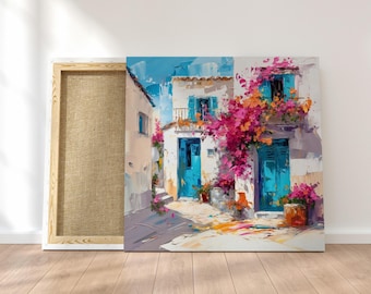 Quadro em tela com arte de ilha grega, pintura de porta azul de Santorini, decoração costeira mediterrânea, arte de casa caiada para sala de estar.