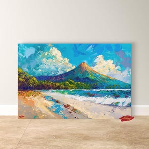 Arenal Volcano Canvas Print, Oil Painting Print of Volcano and Beach in Costa Rica, Tropical Landscape Wall Art for Travel Nature Home Decor