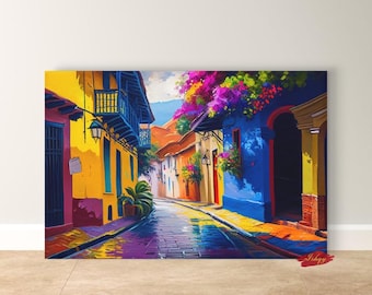 Cartagena Wall Art Print, Colorful Colombia Street Painting, Spanish Colonial Home Decor, Vibrant Latin Cityscape Canvas Wall Poster