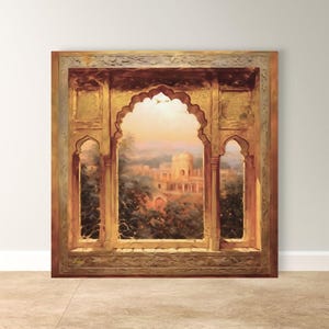 Golden Jharokha Wall Art, Indian Palace Window Canvas - Royal Architecture Print, Rajasthani Decor for Bedroom, Cultural Home Gift Idea