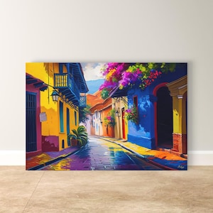 Cartagena Colombia Wall Art, stampa su tela di strade colorate, grande decorazione con paesaggio urbano latinoamericano incorniciato, regalo di viaggio in Sud America