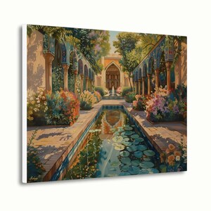 Persian Garden Canvas Wall Art, Islamic Architecture Framed Canvas Print, Blue Tile Courtyard Fountain Landscape Painting, Living Room Decor
Persian Garden Wall Art Canvas Print of Shiraz Courtyard, Islamic Architecture Art Print, Colorful Floral Home Decor Landscape