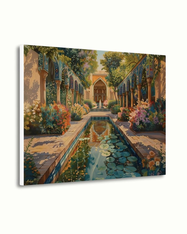 Persian Garden Canvas Wall Art, Islamic Architecture Framed Canvas Print, Blue Tile Courtyard Fountain Landscape Painting, Living Room Decor
Persian Garden Wall Art Canvas Print of Shiraz Courtyard, Islamic Architecture Art Print, Colorful Floral Home Decor Landscape