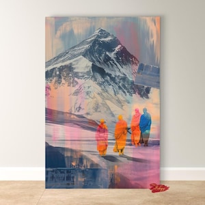 Tibetan Monk Wall Art - Himalayan Mountain Canvas Print Spiritual Journey Vertical Painting for Meditation Room or Mindful Home Decor
