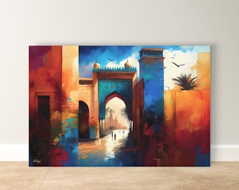 Väggkonst i Marrakech, Canvastavla i Marocko, Målning av Medinaporten, Färgglad marockansk inredning, Boho Vardagsrumskonst, Inramad Canvas, Resepresent