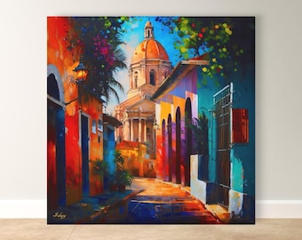 Santo Domingo Wall Art, Dominican Republic Cityscape Canvas, Caribbean Colonial Street Painting, Colorful Travel Home Decor Artwork
