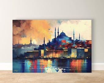 Istanbul Skyline Canvas & Framed Canvas Wall Art, Colorful Turkey Cityscape Painting Print, Hagia Sophia Home Decor Art Print