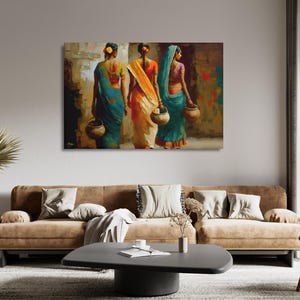 Indian Women Wall Art, Colorful Sari Canvas Print, Rajasthan Village Decor, Boho India Figure Art, Framed Canvas, Housewarming Gift
Indian Village Women Wall Art, Rural India Painting, Saree Women Canvas Art, Cultural Indian Home Decor, Traditional India Artwork