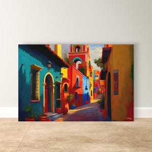 Mexican Village Cityscape Painting Print Canvas Framed Canvas, Colorful Colonial Street Art, Mexico Wall Art For Living Room Bedroom Decor
