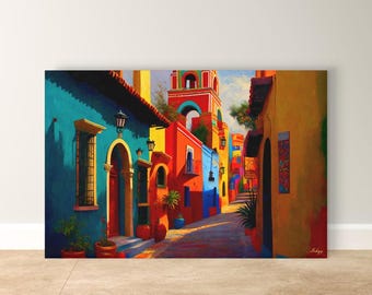 Arte mural de Guanajuato, México, impresión en lienzo de una calle colorida, decoración de paisaje urbano latinoamericano enmarcado grande, regalo de viaje a México, impresión artística.