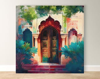 Indian Wall Art, Indian Artwork Indian Door Painting Canvas Wall Art Framed Canvas Print, Rajasthani Decor Extra Large Housewarming Gift