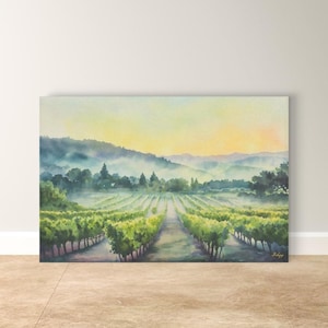 Napa Valley Wandkunst, Weinberg Leinwanddruck, Weinland Aquarell Dekor, Kalifornien Landschaftskunst, gerahmte Leinwand, Weinliebhaber Geschenk