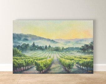 Arte mural del Valle de Napa, lienzo impreso de viñedos, decoración de acuarela de la región vinícola, arte de paisajes de California, lienzo enmarcado, regalo para amantes del vino