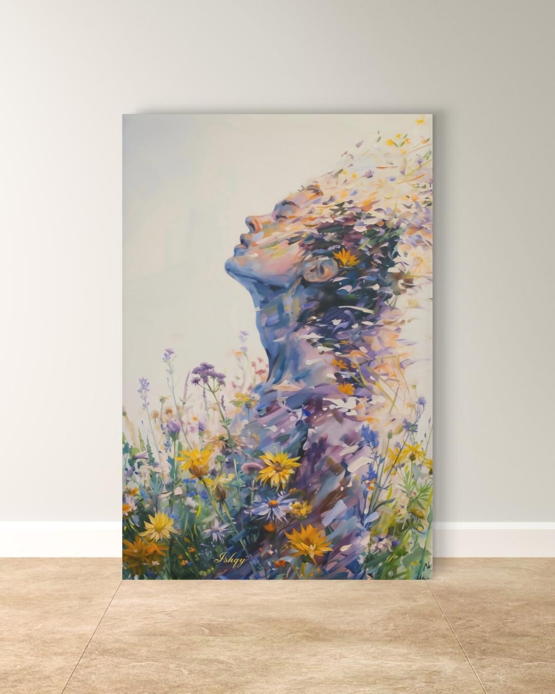 Floral Woman Wall Art Canvas Print, Wildflower Portrait Painting ...