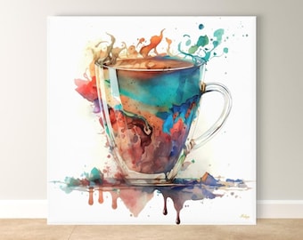 Kaffee Kunstdruck, lebhaftes Splash Wanddekor - Moderne Küchen Kunst, abstrakte Kaffee Leinwand im Aquarell-Stil für Kaffeeliebhaber