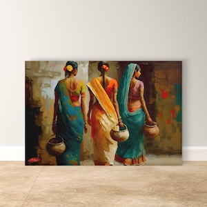 Indian Woman Canvas Wall Art with Colorful Sarees and Pots, Rural Life Painting Print, Horizontal Framed Cultural Decor for Home or Hallway