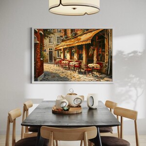 European Cafe Street Wall Art Print, Canvas, Framed Canvas, Rustic Vintage Parisian Bistro, Old Town Cobblestone Alley, Kitchen Dining Decor