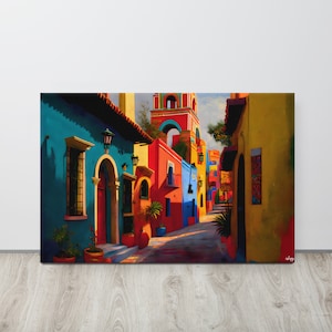 Mexican Street in Guanajuato Canvas Wall Art | Vibrant Mexican Art Painting | Living Room and Bedroom Decor | Mexico Wall Art & Home Decor