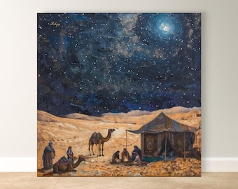 Sahara Desert Night Wall Art, Bedouin Camel Starry Sky Canvas Print, Middle Eastern Travel Decor, Boho Living Room Framed Canvas Gift