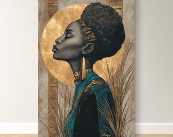 May include: A canvas print featuring a profile of a woman with dark skin, adorned with gold jewelry and a teal and gold garment. The background includes a golden sun and decorative gold accents, with tall grass elements.
