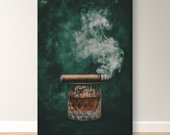 Cigar Whiskey Art, Framed Lounge Decor, Classy Bar Wall Art, Whiskey Canvas Print, Cigar Lounge Decor, Man Cave Wall Art, Framed Bar Decor