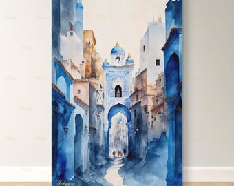 Chefchaouen Wall Art, Blue City Morocco Watercolor Print, Medina Street Canvas, Moroccan Arch Decor, Boho Framed Canvas, Travel Gift