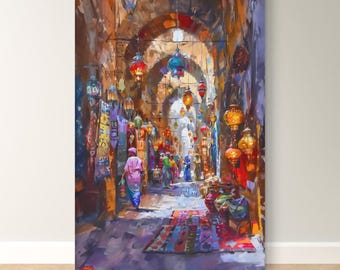 Grand Bazaar Wall Art Canvas Print of Istanbul Market Painting, Turkish Lanterns and Rug Shop Scene, Vertical Cultural Decor for Home