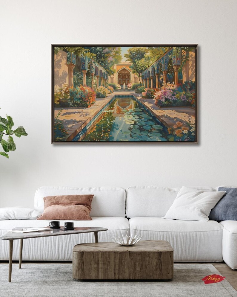 Persian Garden Canvas Wall Art, Islamic Architecture Framed Canvas Print, Blue Tile Courtyard Fountain Landscape Painting, Living Room Decor
Persian Garden Wall Art Canvas Print of Shiraz Courtyard, Islamic Architecture Art Print, Colorful Floral Home Decor Landscape