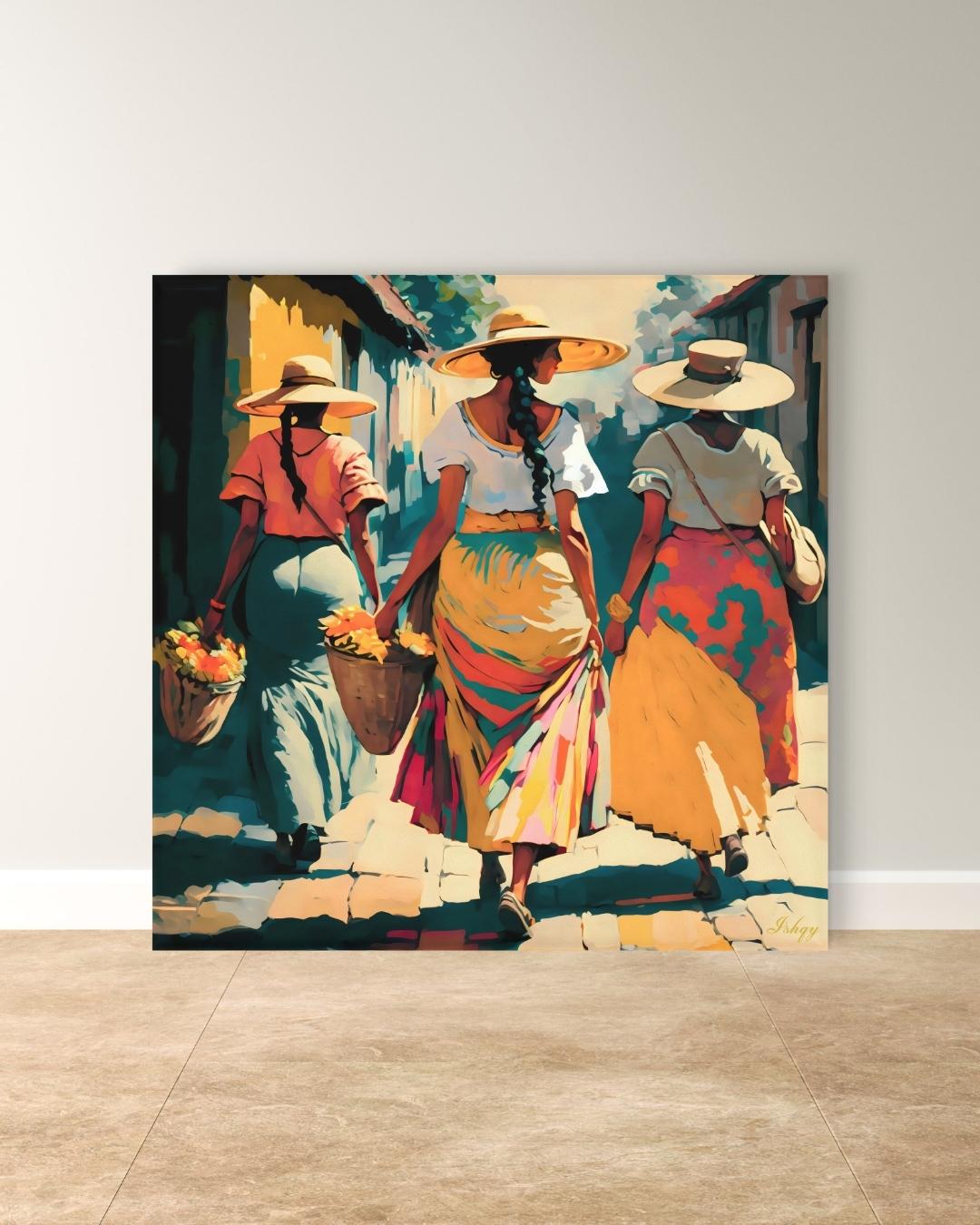 Colombian Women Wall Art - Vibrant Ethnic Print, Framed Canvas, Modern Medellin and Cartagena Home Decor, South American Cultural Art