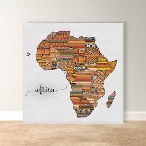 African Map Canvas & Framed Canvas Wall Art, Tribal Pattern Africa Map Painting Print, Cultural Home Decor Art Print