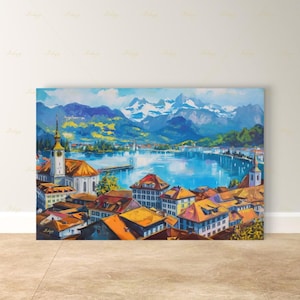 Väggkonst i Lucerne, kanvastavla med sjö i Schweiz, stadslandskapsdekor i schweiziska Alperna, resekonst i Europa, färgglad inramad kanvasduk med taket som present