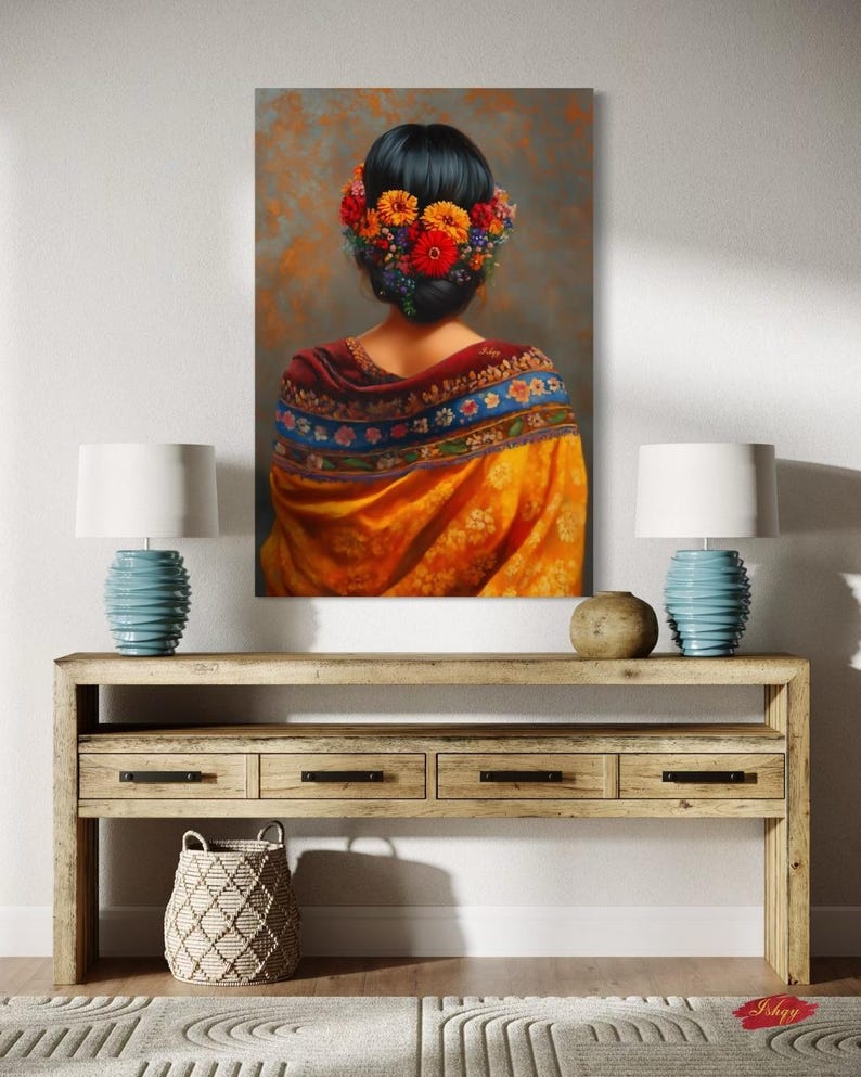 Mexican Woman Portrait Wall Art Print Canvas Framed Canvas, Floral Hair ...