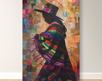 Peruvian Woman Wall Art Print, Andean Textile Silhouette Canvas, Colorful Cultural Home Decor, Ethnic Boho Artwork for Living Room
