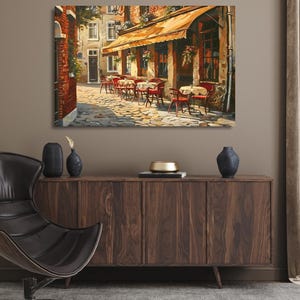 European Cafe Street Wall Art Print, Canvas, Framed Canvas, Rustic Vintage Parisian Bistro, Old Town Cobblestone Alley, Kitchen Dining Decor