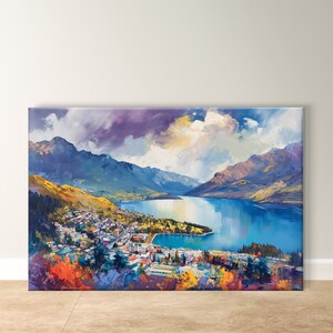 Arte mural de Queenstown, impresión de Nueva Zelanda: pintura con vista panorámica del lago, arte de paisaje alpino vibrante para amantes de la naturaleza y decoración inspirada en viajes