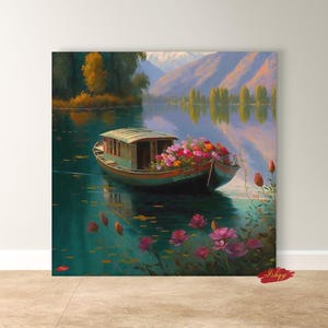 Dal Lake Kashmir Wall Art Print - Flower Boat Painting Indian Decor Travel Poster Lakehouse Wall Decor India Canvas Scenic Art Print