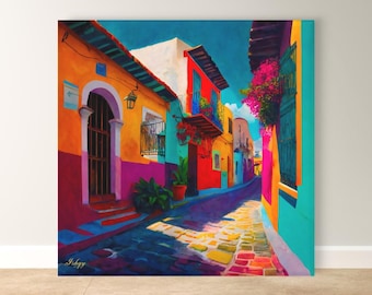 Mexican Art Canvas Wall Art, Colorful Mexican Painting Framed Canvas Print, Arte Mexicano Street Decor, Extra Large Mexican Home Decor