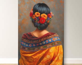 Mexican Woman Portrait Wall Art Print Canvas Framed Canvas, Floral Hair Folk Art Painting, Colorful Boho Decor for Bedroom Living Room Home