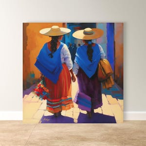 Mexican Women Wall Art, Traditional Oaxaca Street Canvas, Colorful Folk Painting Print, Framed Latin American Home Decor