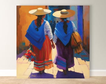 Mexican Women Wall Art Canvas Print, Oaxaca Street Scene Painting, Colorful Latin American Decor, Southwestern Home Wall Decor