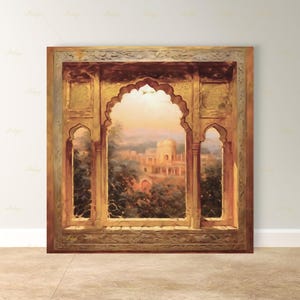 Mughal Arch Wall Art, Indian Palace Canvas Print, Rajasthan Golden Window Decor, Boho India Travel Art, Framed Canvas, Housewarming Gift