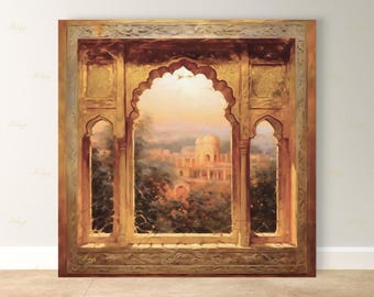 Mughal Arch Wall Art, Indian Palace Canvas Print, Rajasthan Golden Window Decor, Boho India Travel Art, Framed Canvas, Housewarming Gift