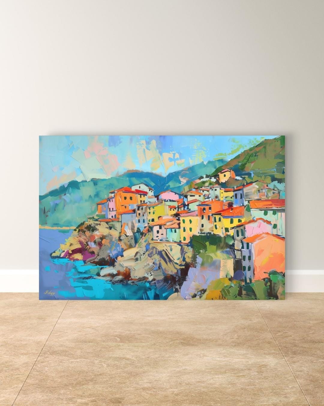 Cinque Terre Italy Painting Print, Colorful Coastal Village Wall Art ...