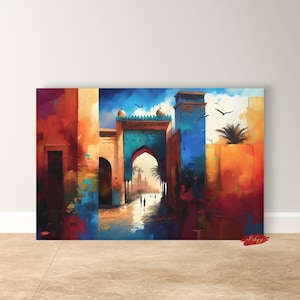 Moroccan Wall Art, Marrakesh Archway Painting Print – Vibrant Sunset Market View, Framed Morocco Print, Exotic Travel Decor Gift for Home
