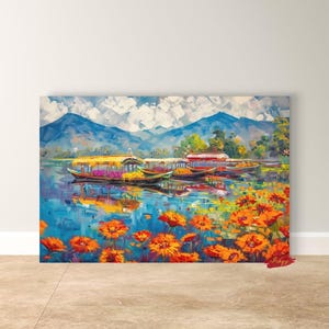 Kashmir Wandkunst, Dal See Boote Leinwand - Bunter Landschaftsdruck, lebendiges Reisedekor, Himalaya Naturszene, Einzigartiges Indien Geschenk